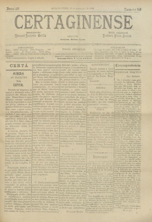 Certaginense Nº110 26 11 1891 P